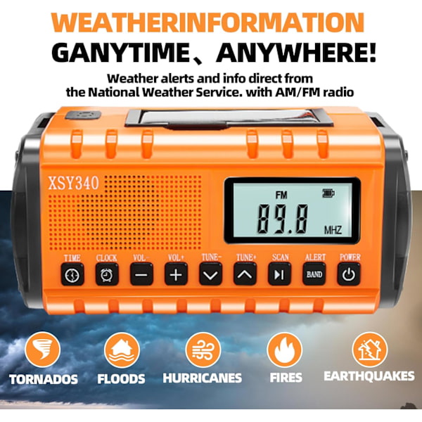 Nødradio, NOAA Væradvarsel, Solhåndvev AM/FM Radio for Overlevelse, 10000MAH Oppladbart Batteridrevet Radio, Klokka SOS Alarm & Lommelykt Orange
