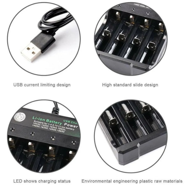 Ny 4-platsers batteriladdare USB -laddare snabbladdare för 18650 litiumbatteri
