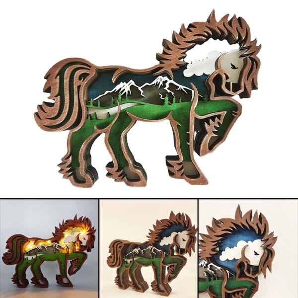 Creative Horse Ornament Trä Djur Flerlagers Carving Hantverk for Hem Vardagsrum Kontorsdekoration Häst och lampa