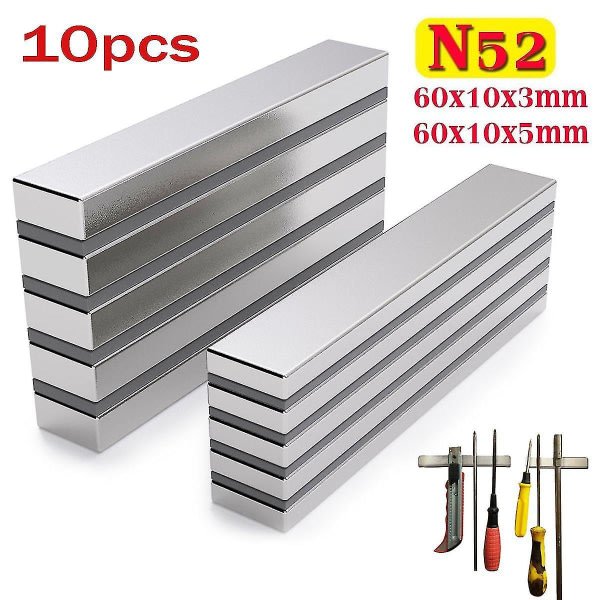 N52 vahvat neodyymimagneetit harvinaisten maametallien nostomagneetit 60x10x3 mm, 10 kpl.