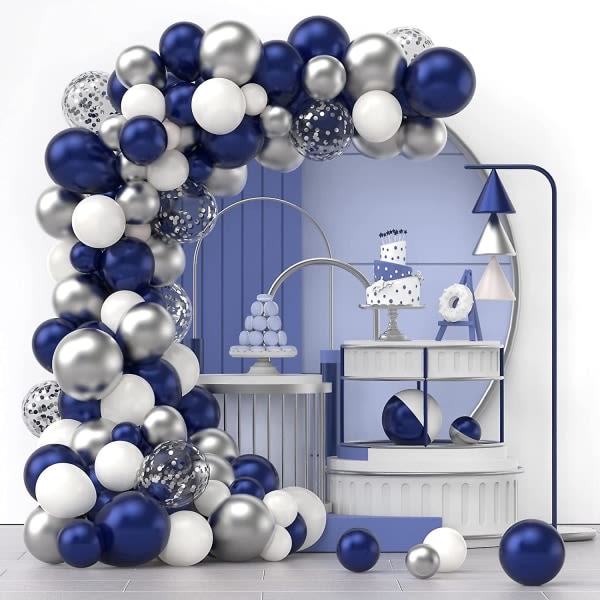 Tummansininen hopea valkoinen konfetti ilmapallojen kaarisarja, 120 kpl 12in 10in 5in Latex Garland Arches Kit valmistujaisiin, syntymäpäiviin, häihin, vuosipäiviin, Cele