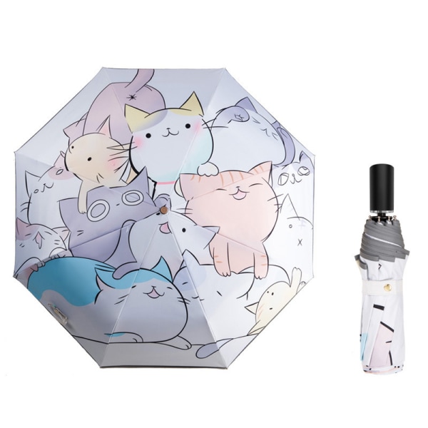 Cat Cartoon vahvalla tuulenpitävällä ja UV-suojalla, lasten kokoontaittuva sateenvarjo automaattisesti