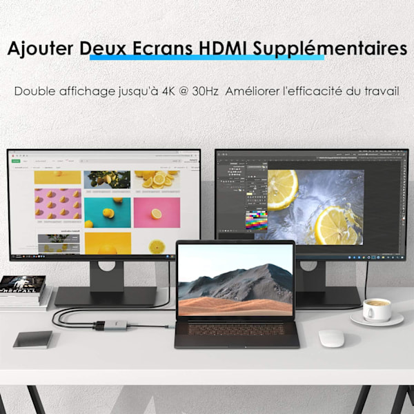 USB-C til Dual HDMI 4k MST-adapter, Bærbar USB C HDMI-hub, Type C til HDMI 4K-konverter, til Macbook Pro, Macbook Air, iPad Pro og mere, Kompatibel