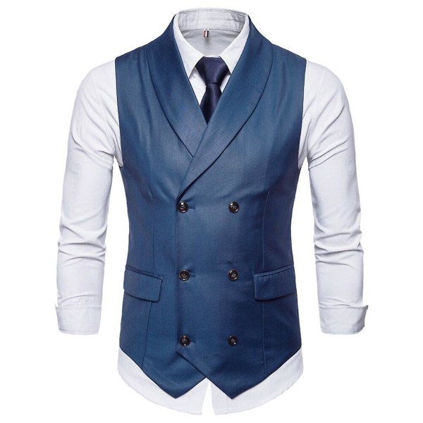 Allthemen Mens Business Formell Enfärgad Lapel Dubbelknäppt Slim Vest Blue XS