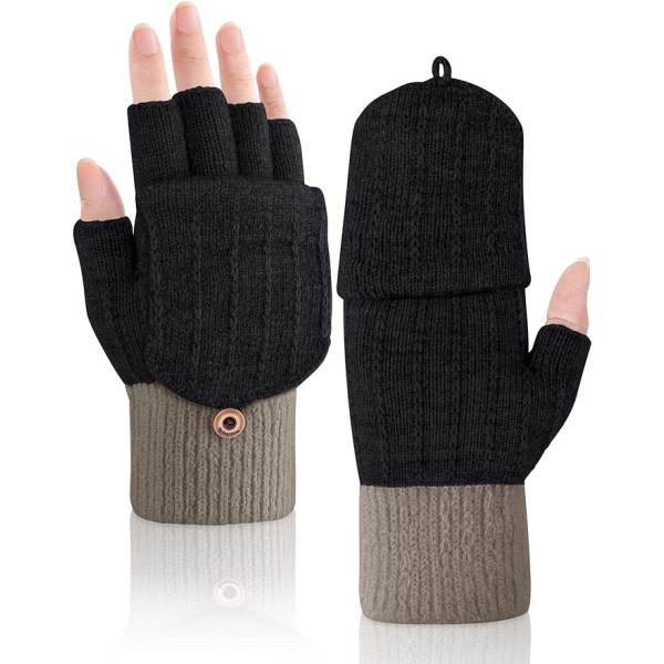 Fingerlösa handskar, vinterhalvfingerhandskar med fliptop stickad termo for män och kvinnor