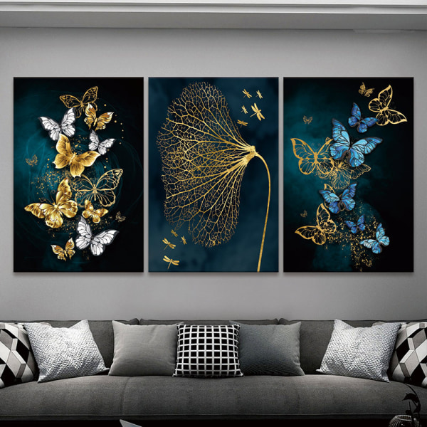 Set med 3 konstaffischer med guldfjärilar utan ram