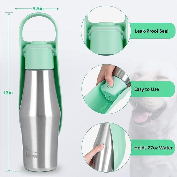 Kannettava koiran vesipullo - ruostumattomasta teräksestä valmistettu koiramatkavesipullo juomasyöttölaitteella, vuotamaton vihreä 27 unssia
