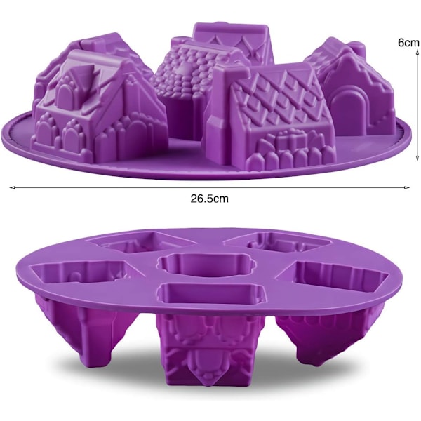 2 stk 3D jule pepperkakehus silikon bakeform, 6 hulrom koselig byhus silikon muffins kake bakeform (tilfeldig farge)