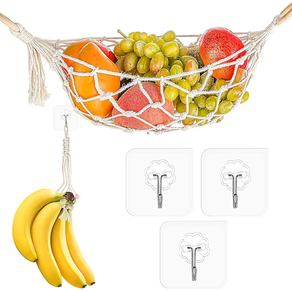 Hängande Fruktkorg för Kök, Handvävd Bananförvaringsnät, Utrymmesbesparande Fruktorganisatör [YDE]