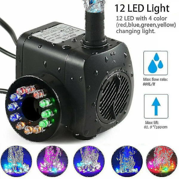 15W 800L/t Fontene-pumpe Damppumpe Vannfontene-pumpe Hagepumpe Pumpe Fontene Med 12 LED