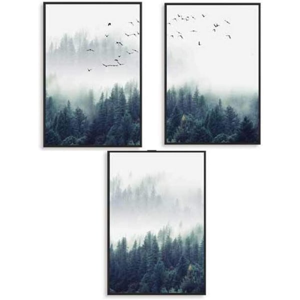 Sæt med 3 designplakater, vægmalerier, skov og fugle i tågen