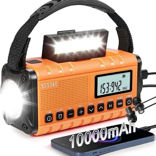 Nödradio, NOAA Vädervarning, Solhandvev AM/FM Radio för Överlevnad, 10000MAH Uppladdningsbart Batteridriven Radio, Klocka SOS Alarm & Ficklampa Orange