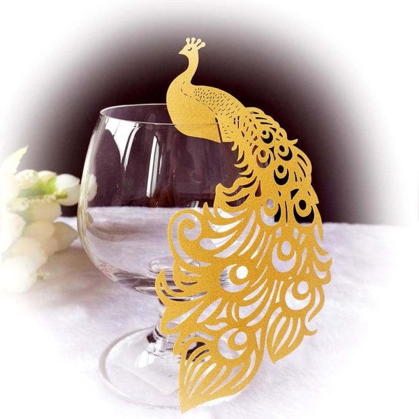 IC Peacock Wine Glass Card / Bröllopsbordsdekoration / Creative Gold 50 PC