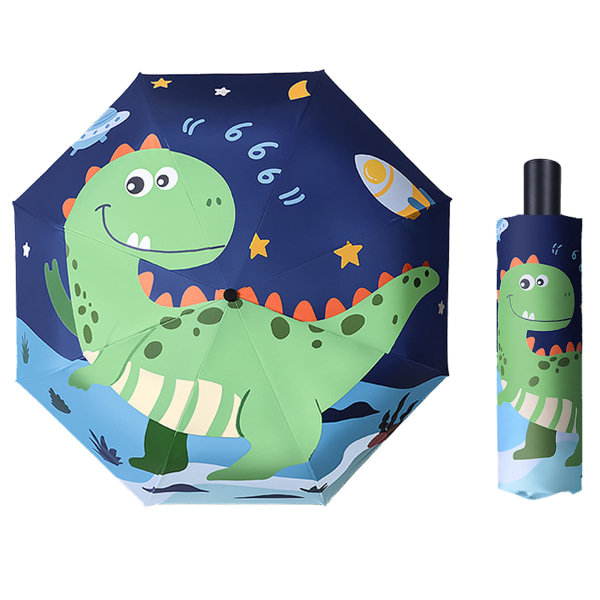 Barnas sammenleggbar reiseparaply manuell åpning og lukking, lett liten parasoll tegneseriegrønn dinosaurdesign