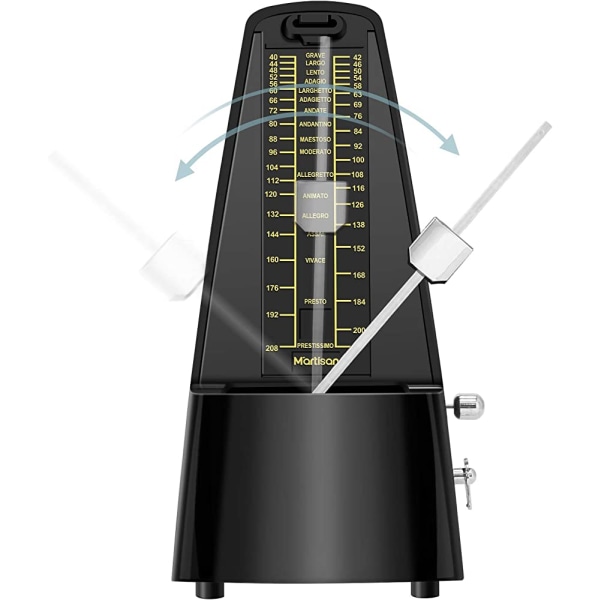 Perinteinen mekaaninen metronomi tarkalla ajastimella ja tempolla kitaralle, pianolle, bassokitaralle, rummulle, viululle ja muille soittimille musta