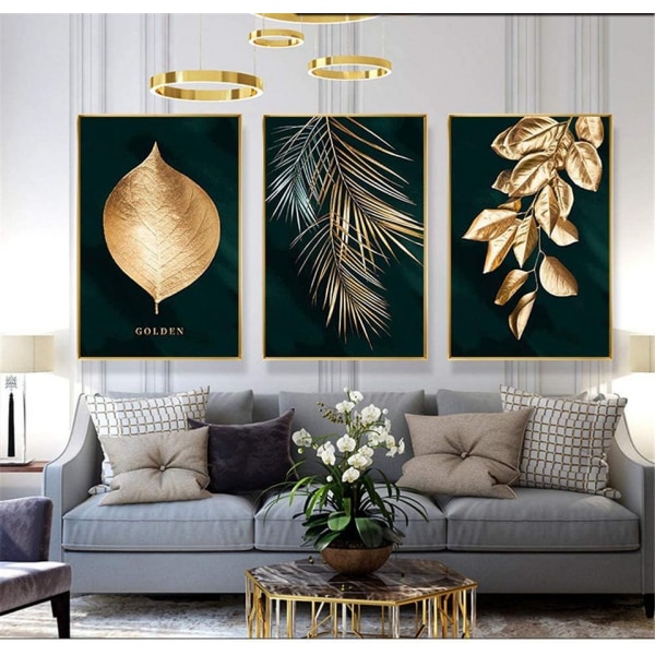 Sett med 3 designplakater på veggen, Forest Golden Leaves Palm L