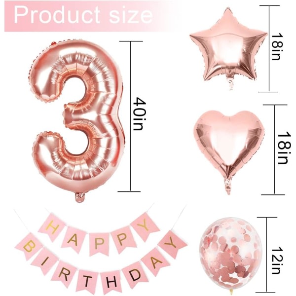 3 syntymäpäivä tytön ilmapallo, ruusukultainen ilmapallo 3, ruusukultainen 3. syntymä