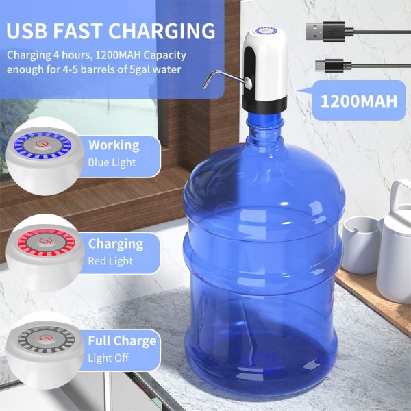 Vannflaskepumpe, Vannflaskedispenser 5 Gallon USB-lading Automatisk Drikkevannspumpe Bærbar Elektrisk Vannflaskebryter