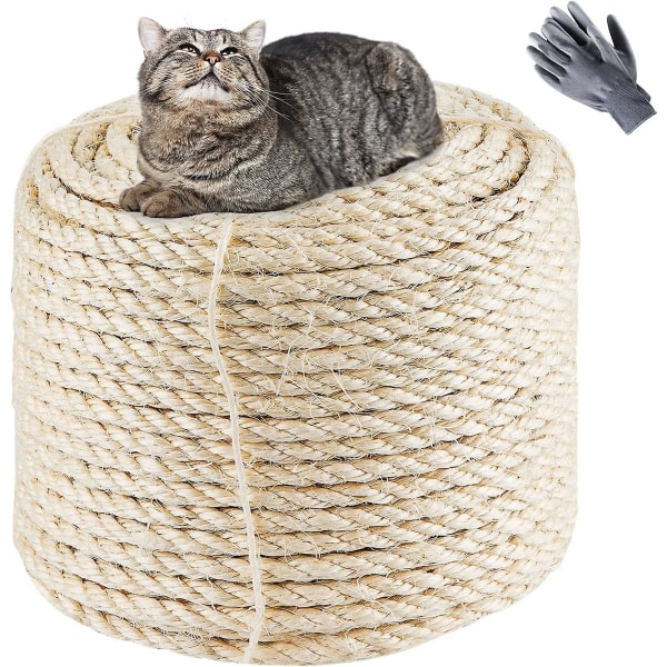 Naturligt sisalrep 8mmx60m, naturvitt ersätt gammalt rep för katter med ett par skyddshandskar för katter.