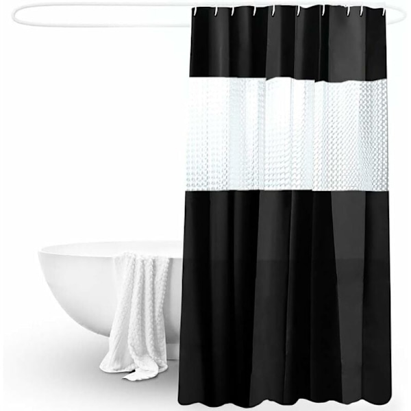 Vandtæt bruseforhæng i stabil størrelse, bruseforhæng i vandafvisende materiale, 180 x 200 cm med 12 kroge (sort)