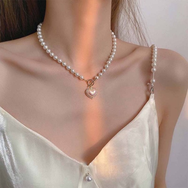 Vintage Pearl Choker Halsband Guld Circle Heart Necklace