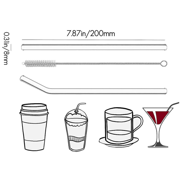 12 st Återanvändbara sugrör av klart glas. Sprosssäkra glassugar 6 raka och 6 böjda med