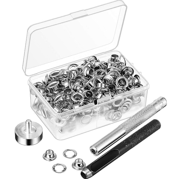 100 st Metalliska Öljetter Set 6 mm Öljettringar Kit med Monteringsslagstång för DIY-tillbehör Läderhantverk Klädreparation