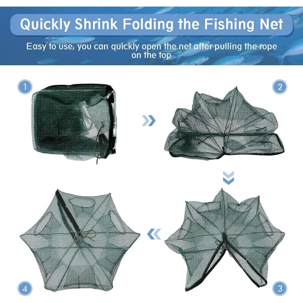Bærbart fiskefældenet, foldbart fiskenetfælde i nylon med 6 huller til at fange lugt