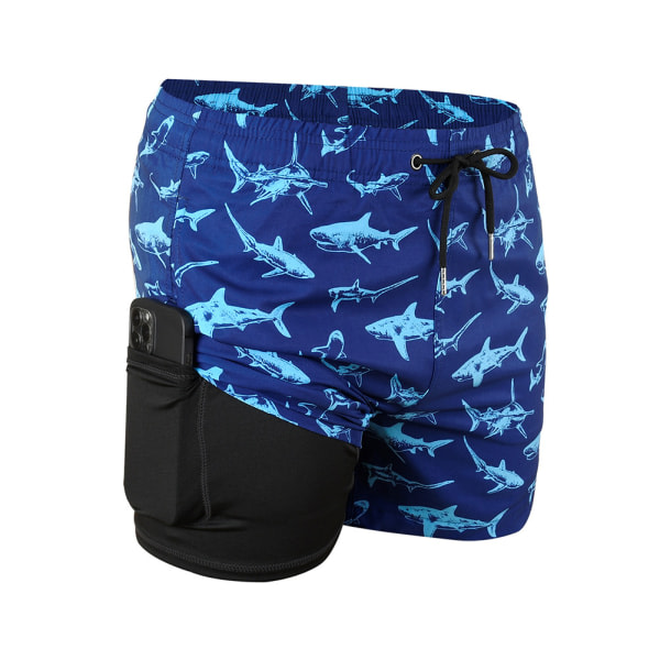 Dubbellagers bermudashorts for menn med mobiltelefonholdere for Summer Beach Dark Blue Shark XXL