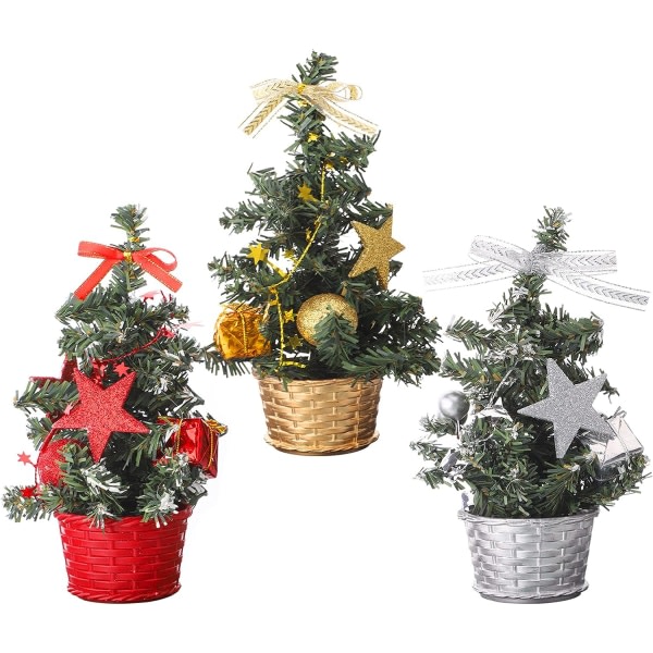 3 stycken Mini konstgjord julgran med ornament, 20cm bord