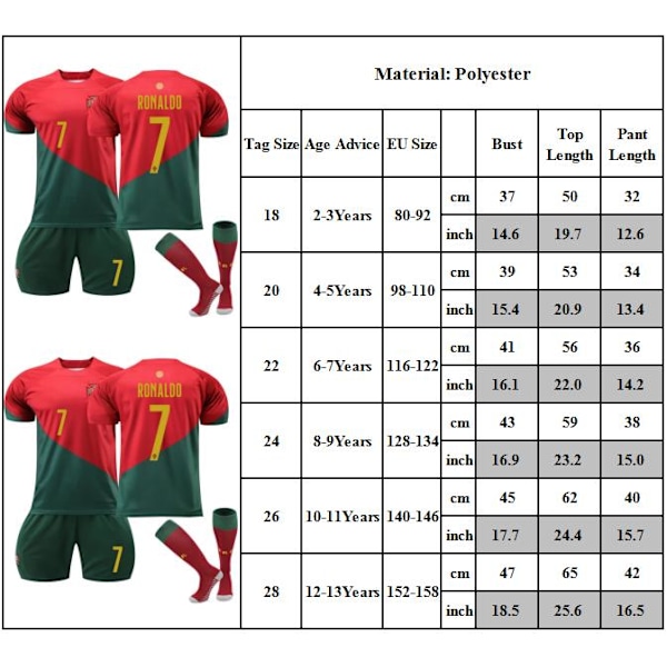 Barnfotbollströja Set, nr 7 Ronaldo fotbollsträningsuniform Size 22