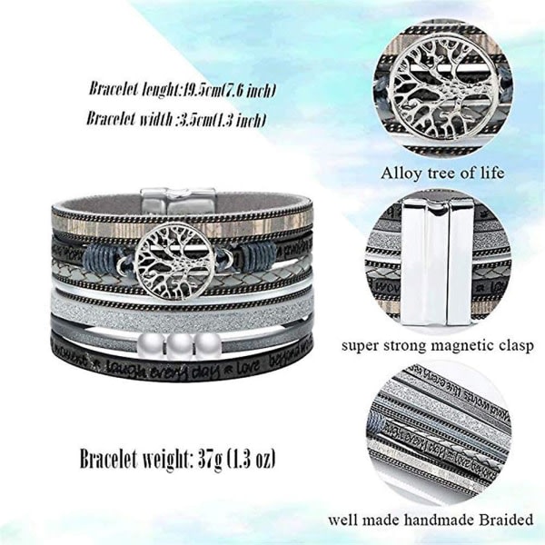 Heytea Multilayer Läderarmband Tree Of Life Läderarmband Magnetisk Boho Cuff Armband Presenter For Kvinnor Män - -