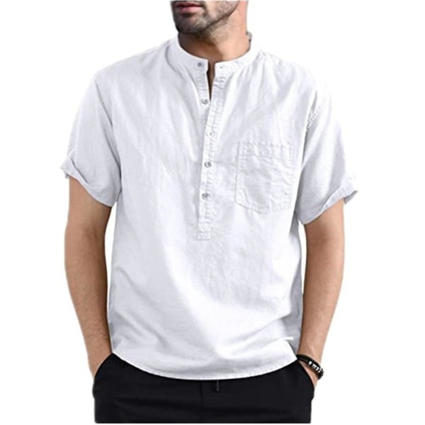 Herrtröjor sommar Henley Neck kortärmade skjortor White 2XL
