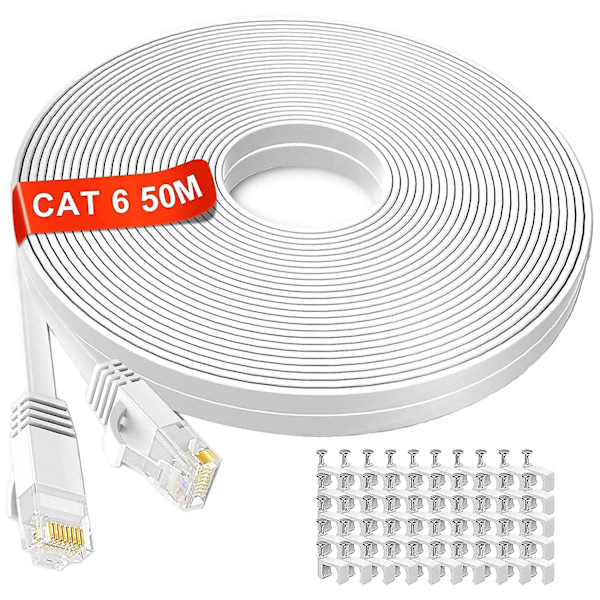 Ethernet-kaapeli 50m, Cat6 Erittäin Pitkä Litteä Internet-kaapeli 50 Metriä, Nopea Verkkokaapeli Valkoinen, Rj45 Liitin Lan-kaapeli Yhteensopiva