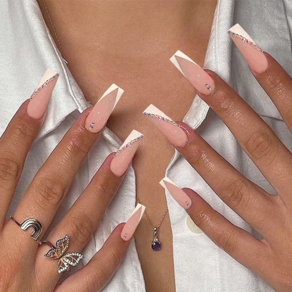 Rosa och vita strass falska falska naglar Tryck på kistan konstgjorda naglar för kvinnor Stick på naglar med lim på statiska naglar
