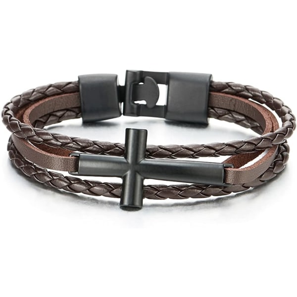 Svart horisontellt sidled kors Brunt flätat läderarmband