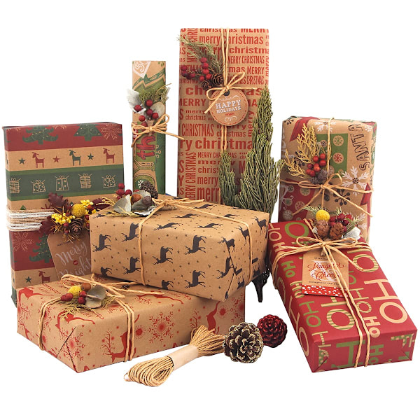 Julepapir, lavet af genbrugt kraftpapir, 12 foldede ark 70x50cm med 6 vintage-designs (bonus 10m jutegarn og 10 tags)