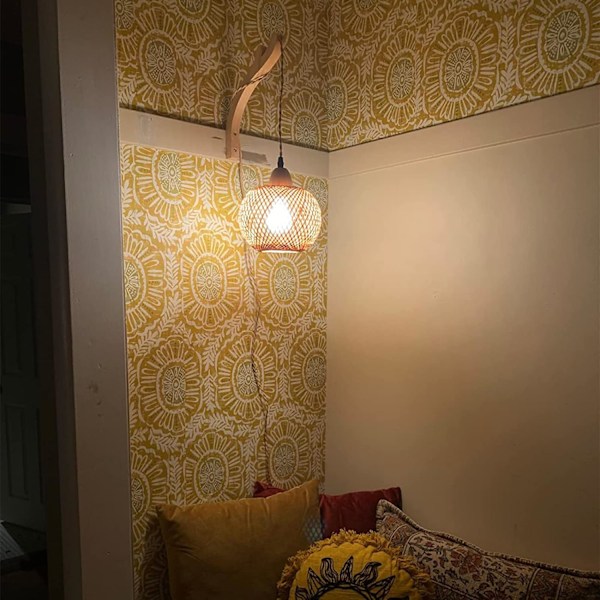 Vintage vegglampe i tre med sokkel og bryter, E27 retro bambuslykt, rotting sengelampe (ingen lyspære) [Energiklasse F] Rattan Lampshade