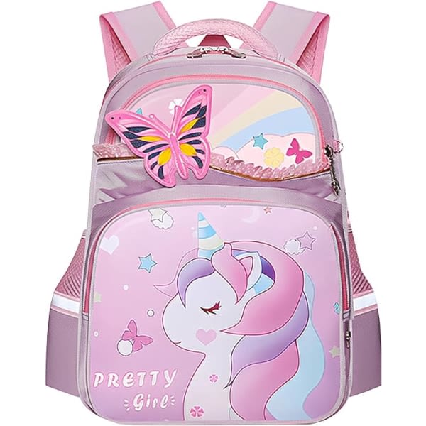 Unicorn skolryggsäck för flickor, dagis förskola ryggsäck, elementära bokväskor med flera fickor, söt och lätt, lila -M