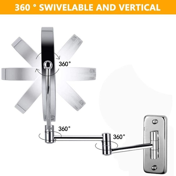 Seinäkiinnitettävä meikkispeili, 10x suurennos, LED-valaistu, 360°