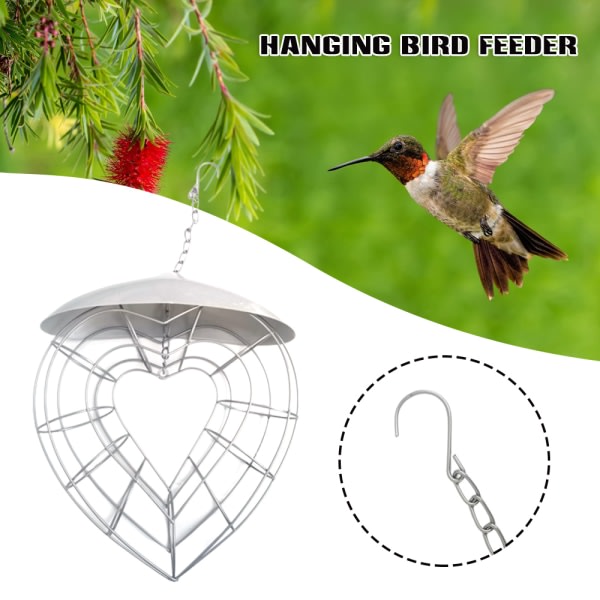 Utomhus hängande fågelmatare i metall Creative Heart-Shape Birds Food Dispenser Sølv