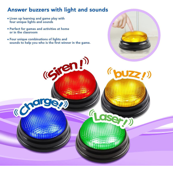 4-Pack Game Buzzers - Family Quarrel Buzzer med ljus och ljud, svarsommar för klassrum, frågesport, fest