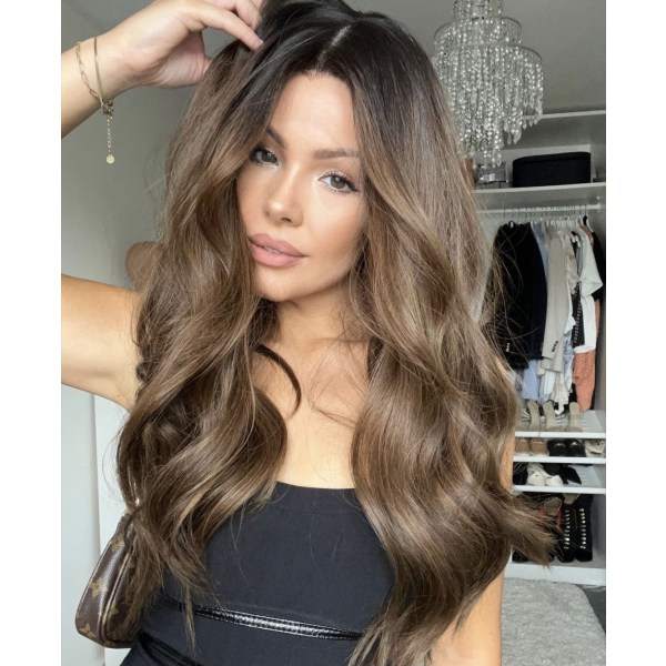 Dameparikk Langt Hår Brun Blond Gradient Medium Bred Bølge Lang Cu