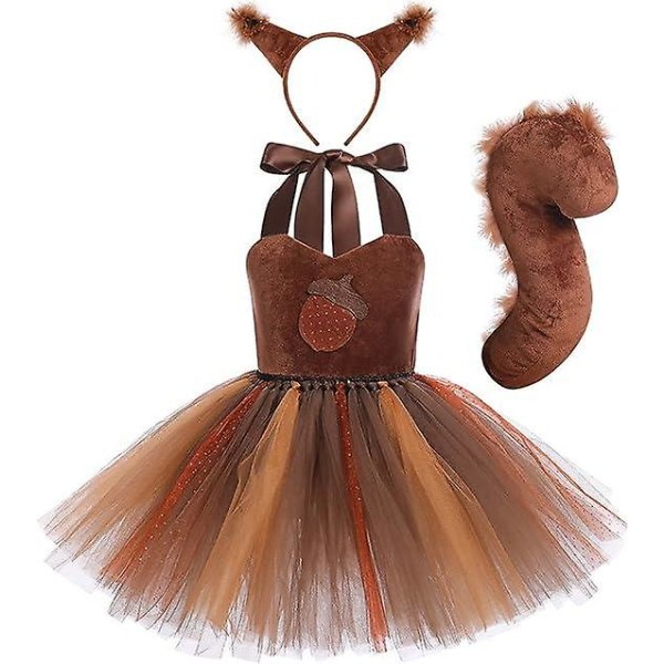 Toddler Kids Squirrel Costume Tutu Klänning med öron Pannband Svans 9-10Y