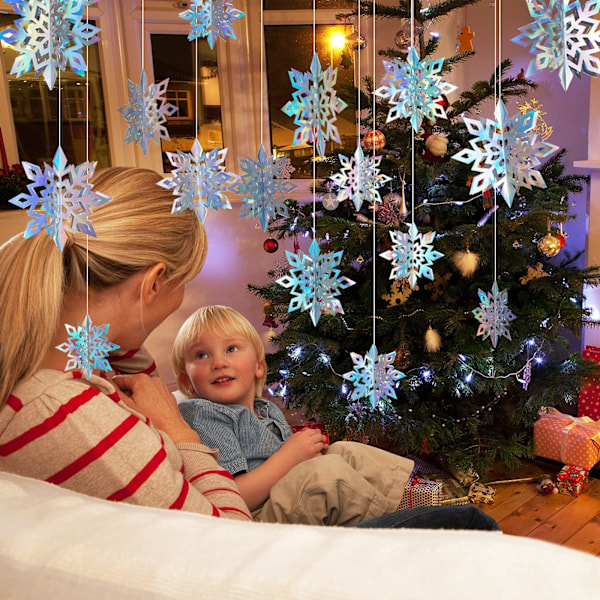 18 stk Vinter Jul Henge Snøflaggdekorasjoner, 3D Holografiske Snøflagg for Juledekorasjoner Bursdag Nyttårsfest Hjemmedekorasjoner Holographic
