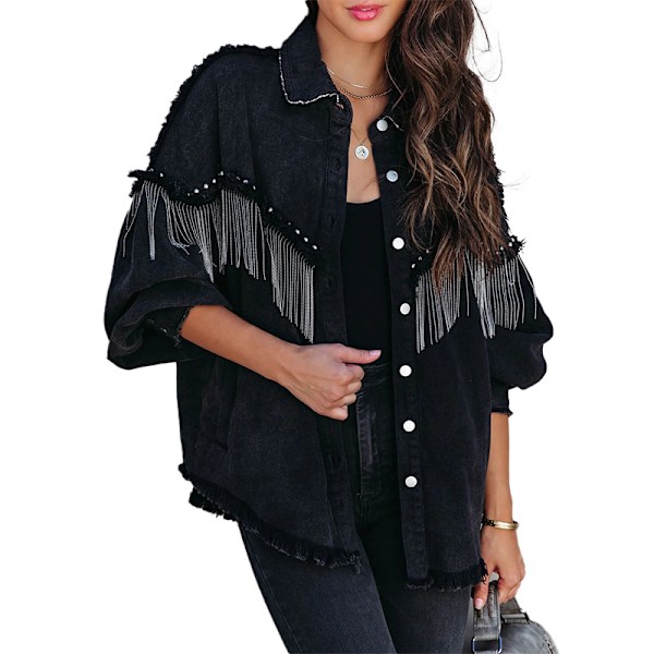 Afslappet denimjakke med frynser til kvinder Black Black Black S