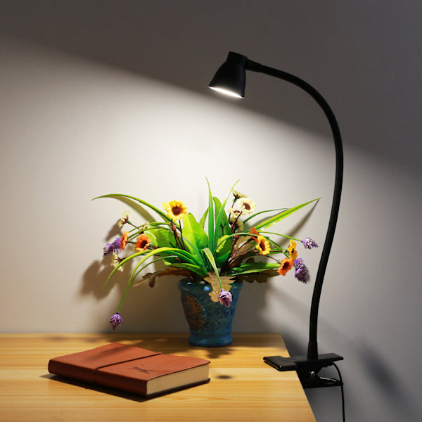 LED leselys/klemmelys, svart tre-farge trinnløs dimming modell [metall øyevern skrivebordslampe]