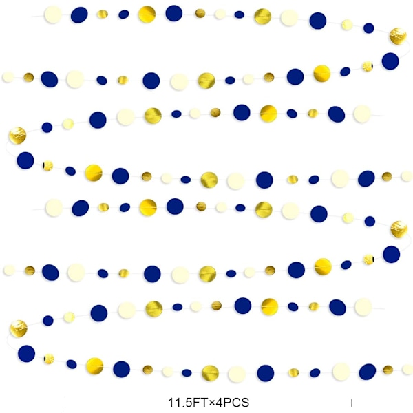 4 stycken 11 fot marinblå och guld prickiga tofsar med Girlang Royal Blue hängande pappersprickar