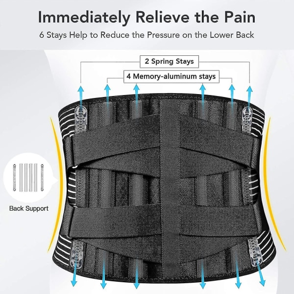 Rygbøjler til lindring af lændesmerter med 6 stag, åndbart rygstøttebælte til mænd/kvinder til arbejde, skridsikkert lændestøttebælte med 16-huller(