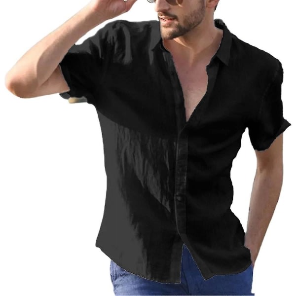 Men Tops Summer Beach Short Sleeve Button-down Casual Shirt Black M